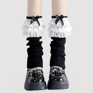 新款 线白色小腿袜套jk蕾丝花边珍珠腿 Lolita秋冬泡泡袜针织毛线