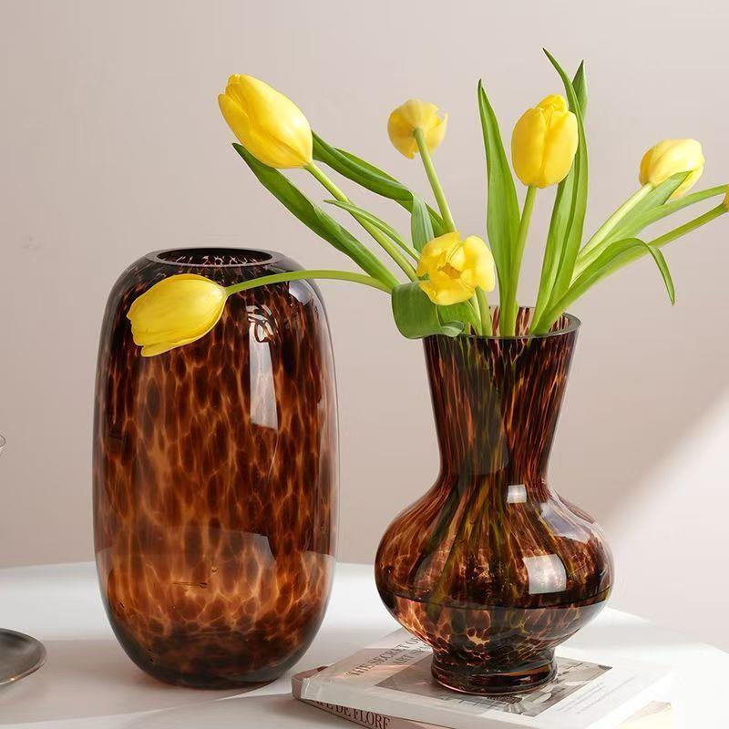 高级感豹纹大花瓶玻璃水培摆件覆古客厅茶几插花器桌面样板间轻奢
