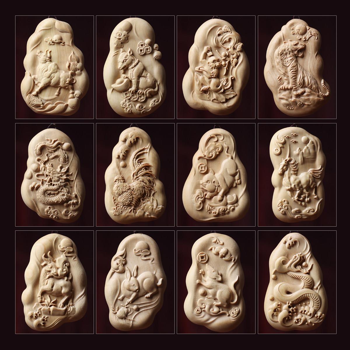 小叶黄杨木雕刻平安牌十二生肖守护神吊坠项链汽车挂件手把件装饰