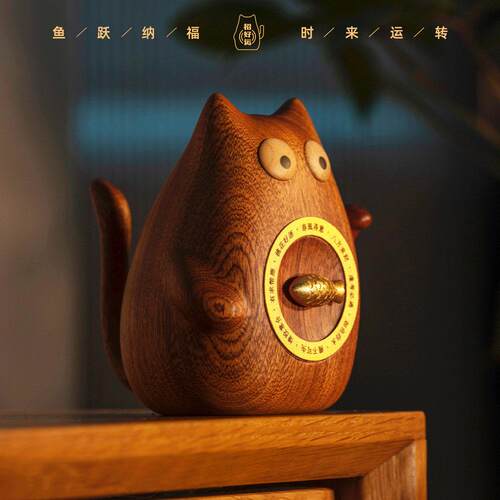 招财猫时来运转实木黄铜创意解压乔迁送礼桌面文创转运摆件礼品