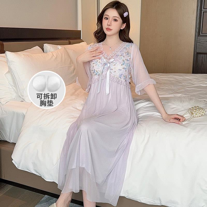 宫廷风夏季睡裙带胸垫网纱蕾丝甜美风洋装2025新款夏天网红家居服