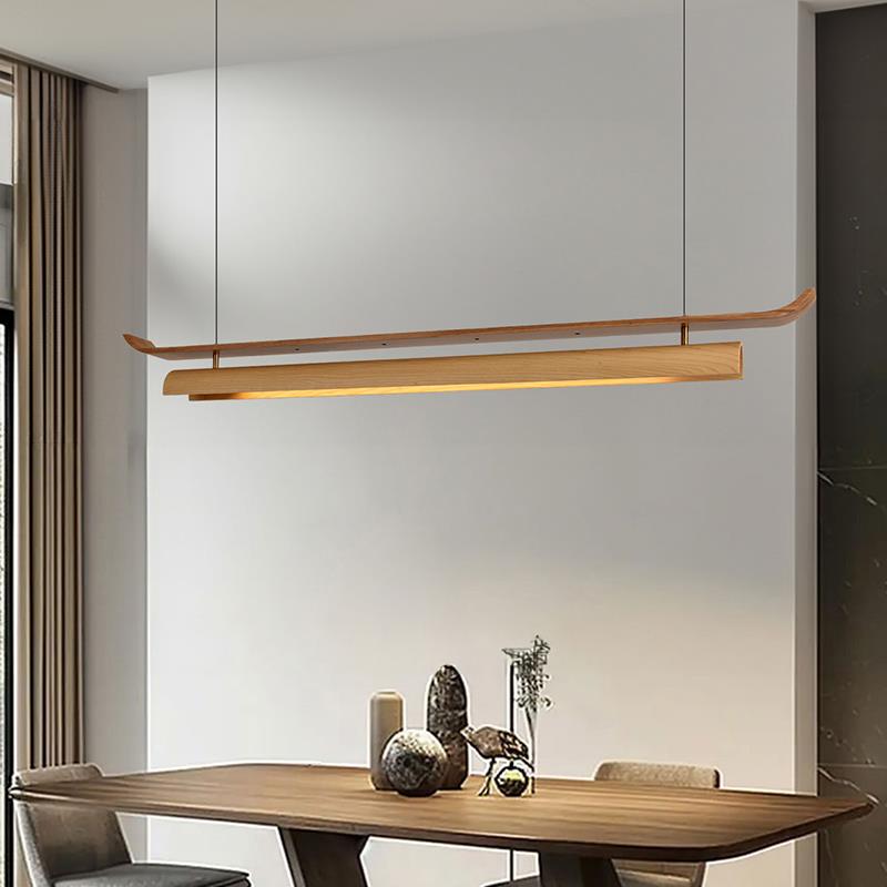 简约新中式餐厅茶桌吊灯中古风格办公工作实木led长条灯一字灯具