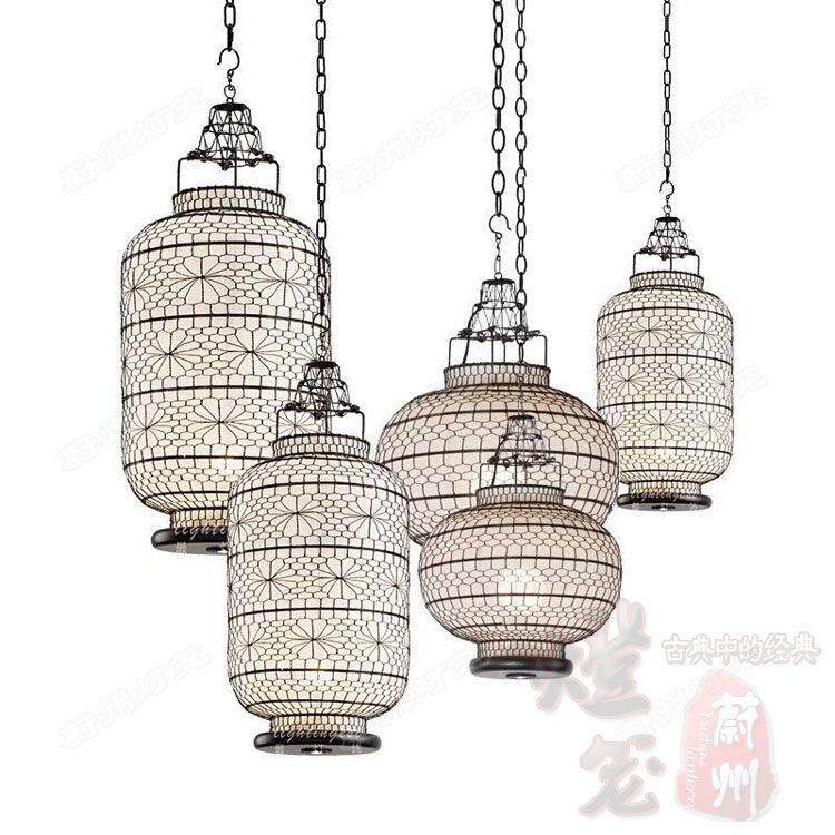 新中式灯笼手工编织宫灯古典吊灯仿古会所复古餐厅铁艺带花灯定制