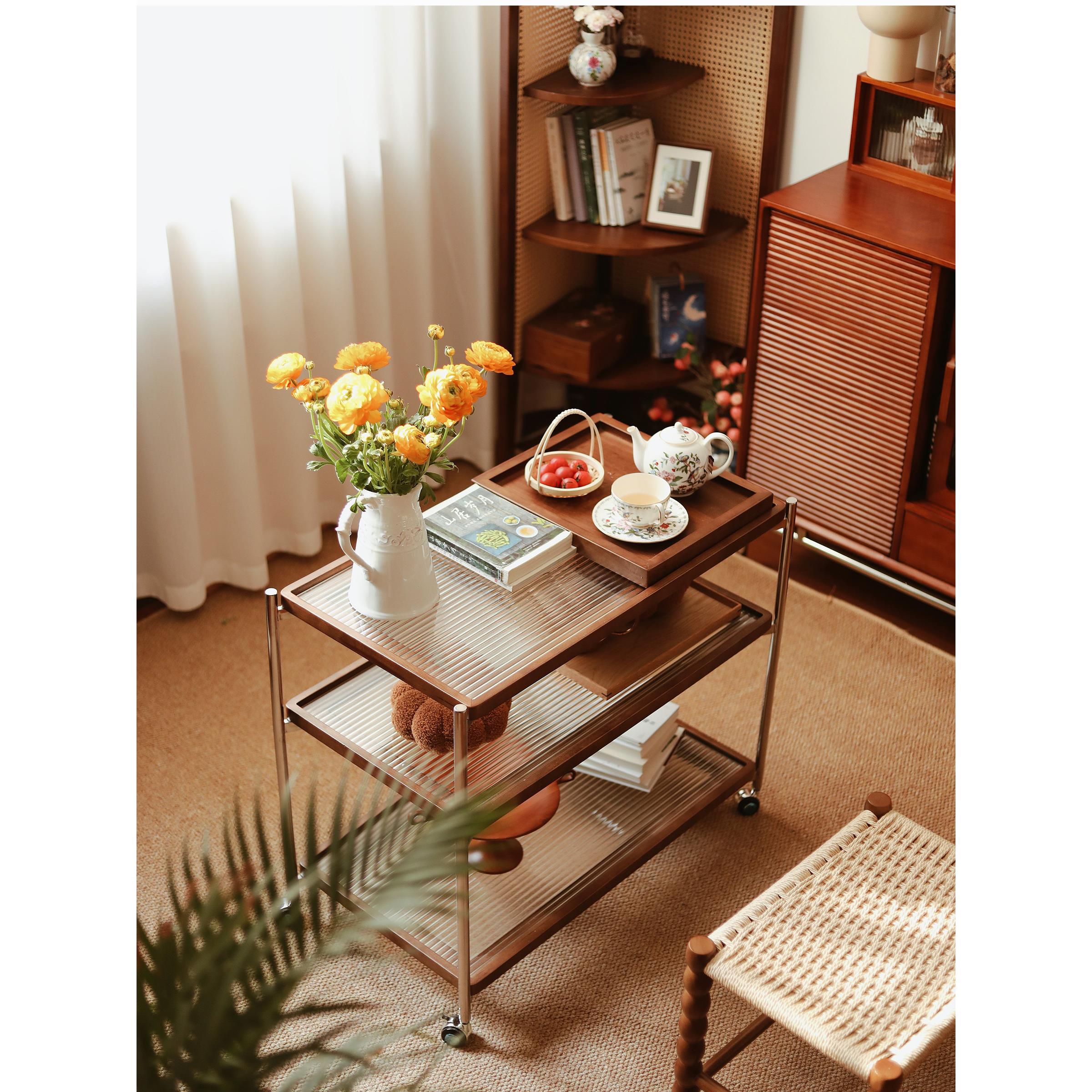 中古可移动实木小推餐车小户型客厅沙发置物架边几覆古玻璃小边几