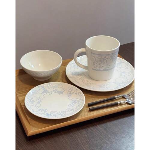皇家ED釉下彩陶瓷餐具清新银蓝色花丛龟兔饭碗早餐甜品盘盘子骨碟