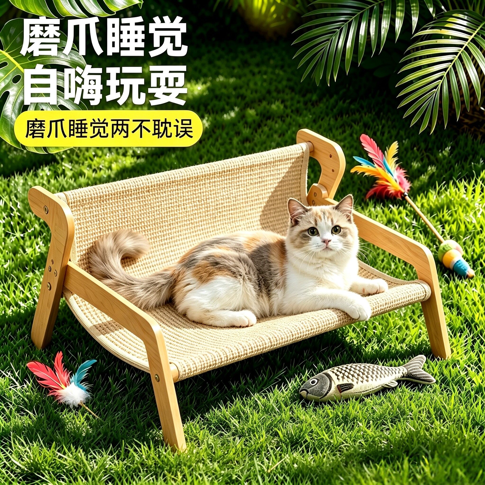 猫咪躺椅木质剑麻磨爪沙发窝猫床图片