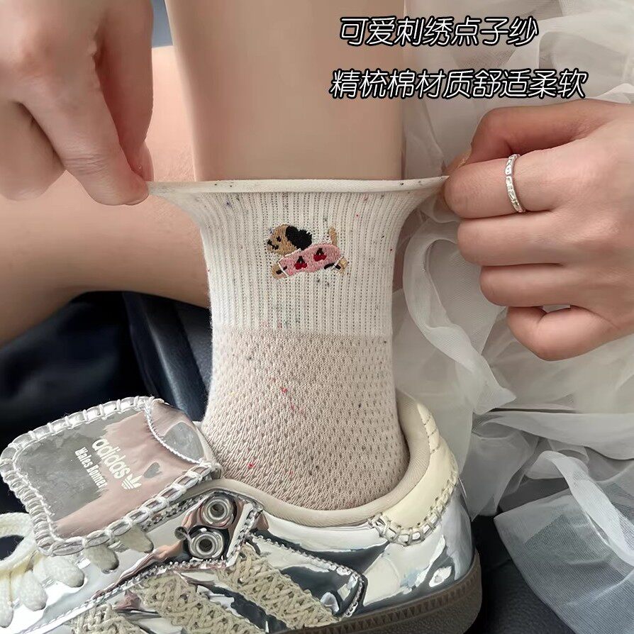 夏天网眼刺绣袜子女夏季薄款纯棉可爱卷边中筒袜点子纱卡通堆堆袜