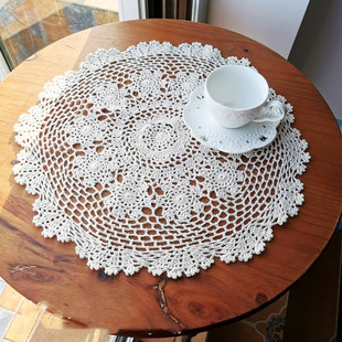 纯手工钩针钩花盘垫美式乡村中式复古纯棉蕾丝圆形桌垫沙发靠背巾