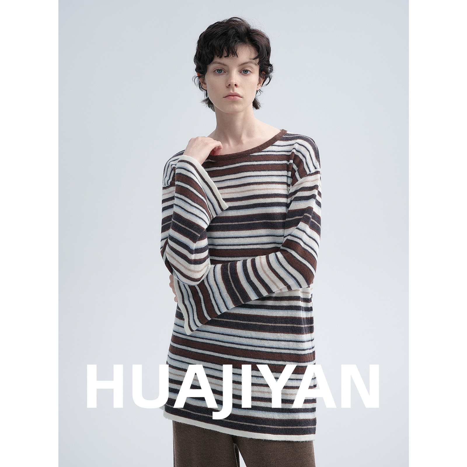 华吉言【甜茶】羊毛混纺彩条纹喇叭袖休闲圆领上衣