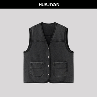 风V领无袖 华吉言 旧金山 100棉怀旧复古工装 上衣马甲背心女春季