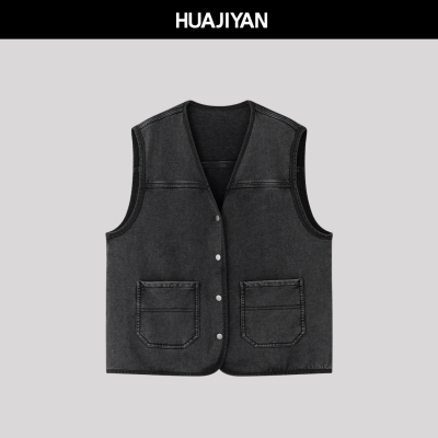 华吉言【旧金山】100棉怀旧复古工装风V领无袖上衣马甲背心女春季