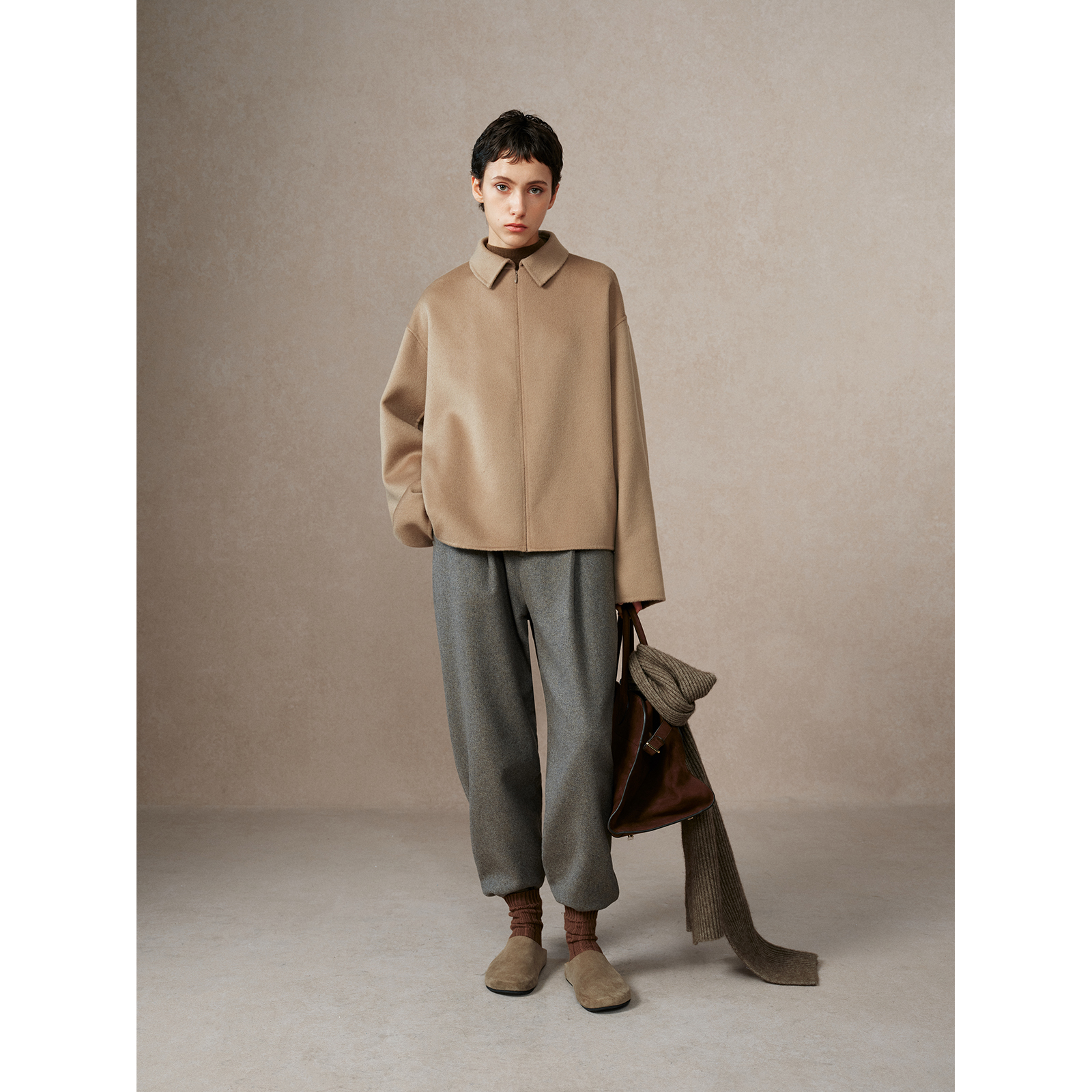 华吉言【燕麦奶咖】100纯羊毛拉链短款双面呢大衣外套女秋冬新款