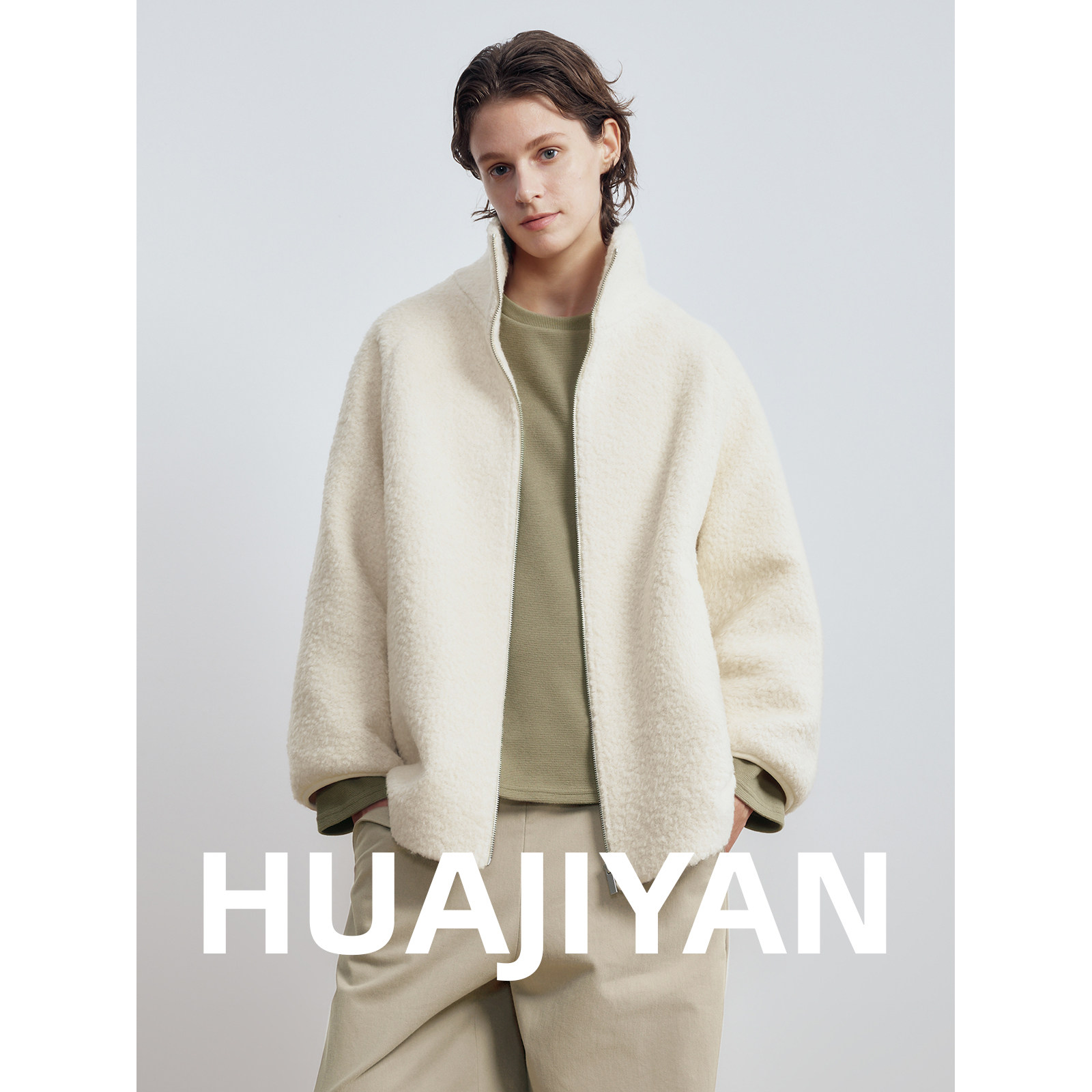 华吉言【棉花糖】羊驼毛混纺弹力包边高领绒感外套