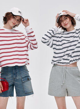 华吉言【水手日记】圆领落肩条纹长袖T恤女抽绳下摆卫衣春夏上衣