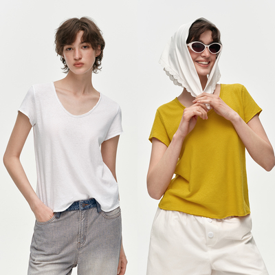 华吉言【自在t】棉亚麻混纺宽松V领正肩短袖T恤女2026新款上衣夏