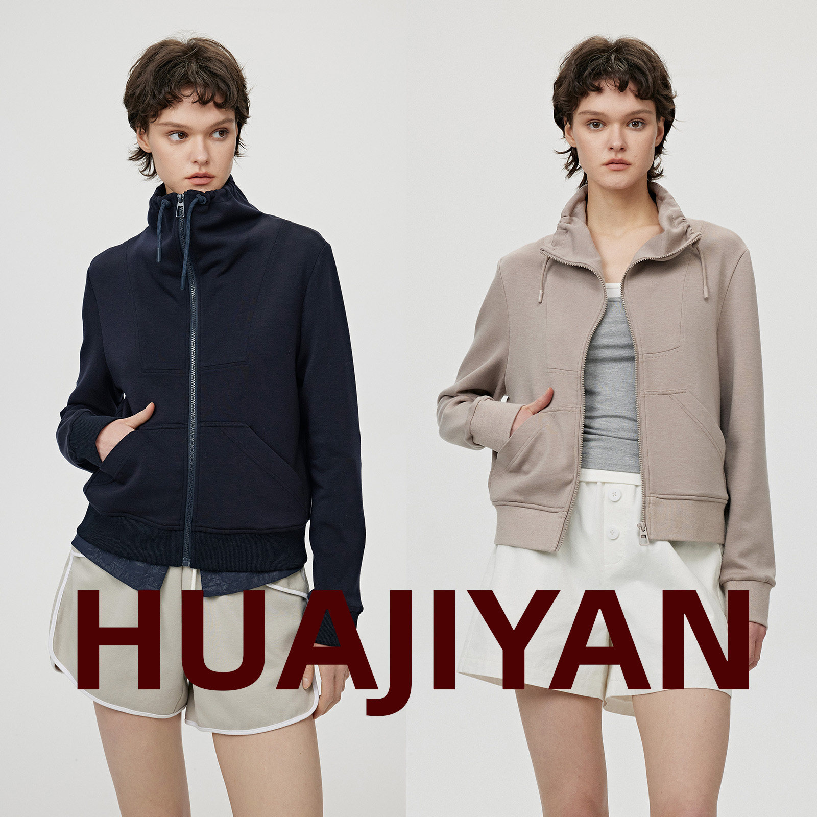 华吉言【第六感】羊毛醋酸天丝修身短款卫衣外套女春季立领上衣