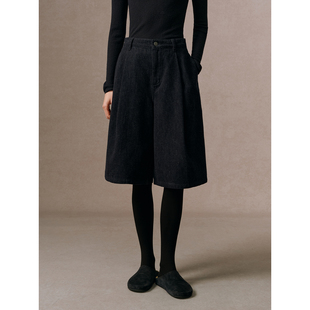 羊毛棉混纺双压褶高腰五分牛仔中裤 华吉言 六分牛仔