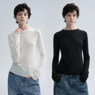 打底T恤女2026春季 全棉百搭卷边收腰圆领长袖 上衣 棉棉 华吉言