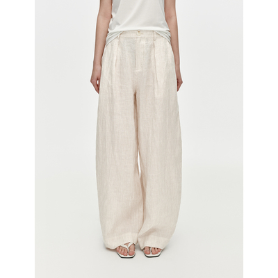 华吉言【奶贝裤】100亚麻色织条纹直筒宽松阔腿裤女春夏休闲裤