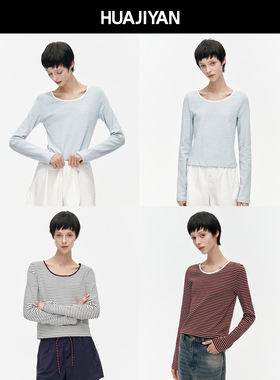 华吉言【波子汽水】棉氨混纺横条纹大圆领长袖打底T恤女春款上衣S