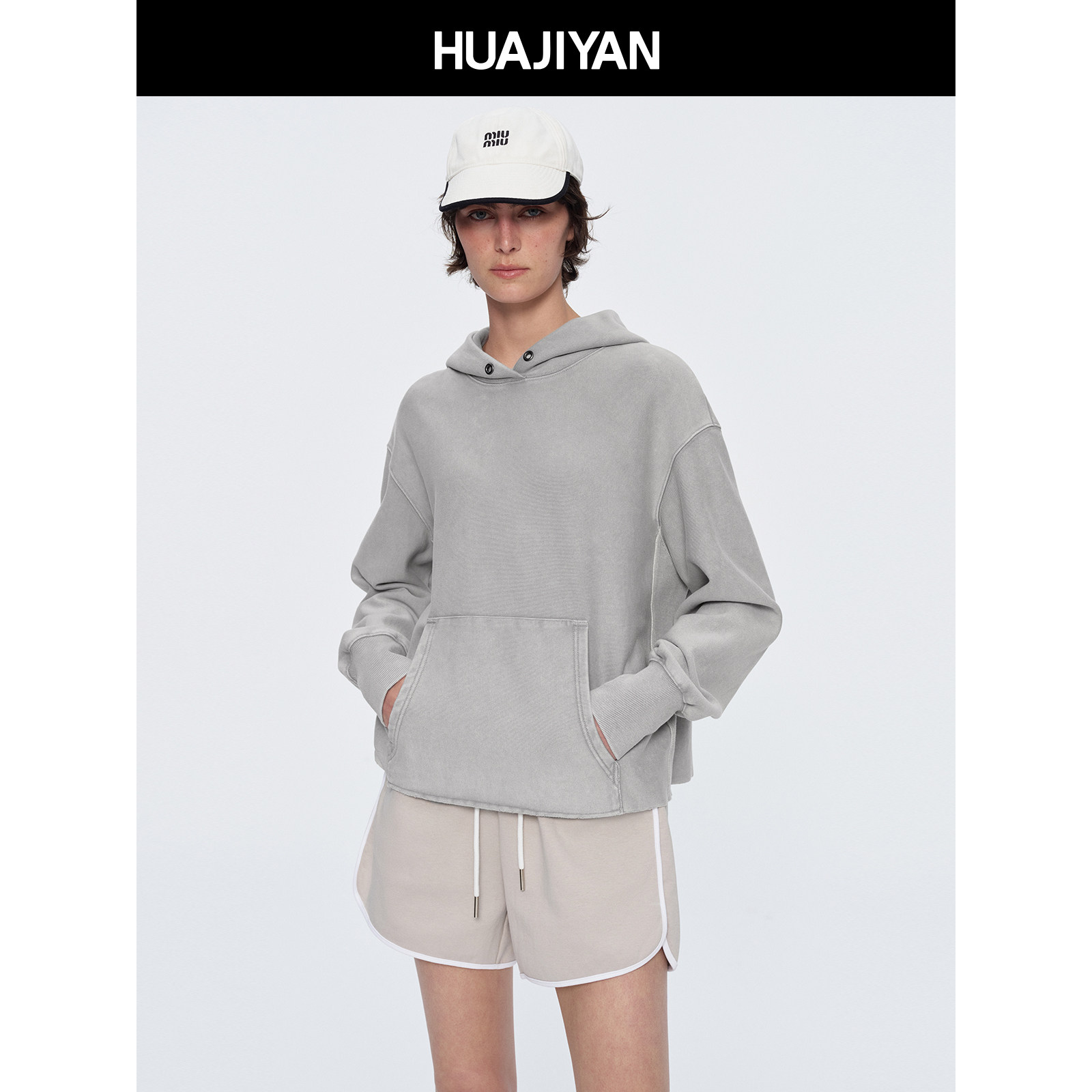 华吉言【小圆孔】100棉复古水洗宽松连帽套头卫衣女2026春季新款