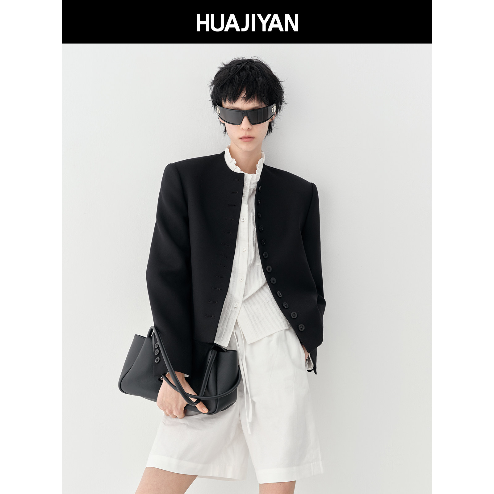 华吉言【秩序】羊毛混纺双层工艺圆领宽肩短款西装外套女2026春款,女装/女士精品,短外套,淘宝优惠券,粉丝福利购,淘宝优惠卷