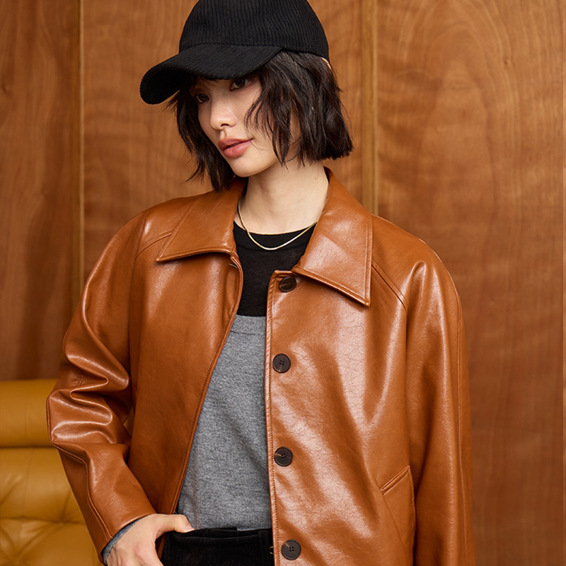 华吉言 【黑巧】极简复古油蜡感环保皮衣外套女春秋新款