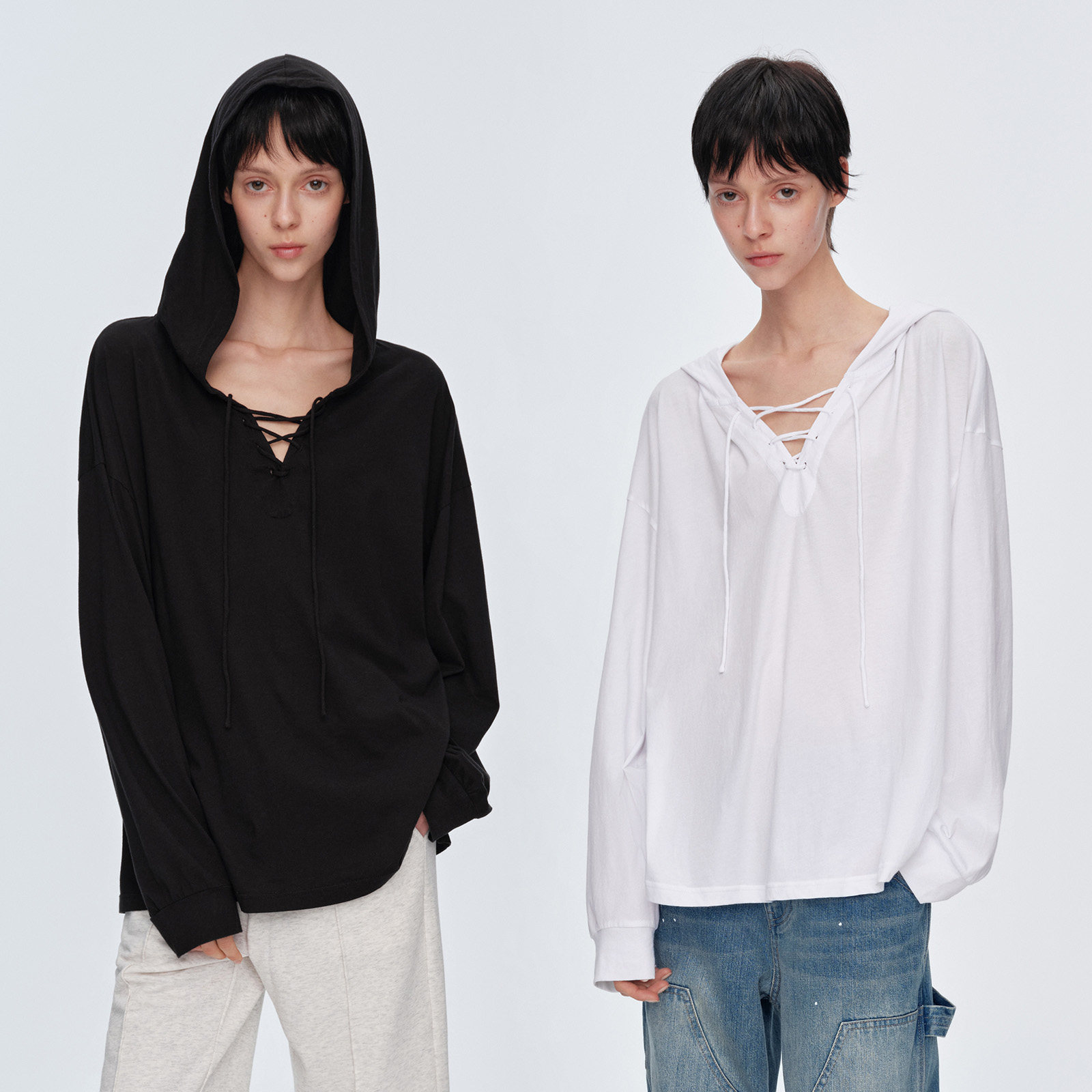 华吉言【绑带T】100棉V领绑带宽松落肩连帽卫衣女夏季长袖T恤上衣