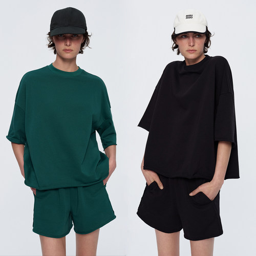 华吉言【牛油果】休闲套装圆领宽松七分短袖T恤运动短裤女夏季