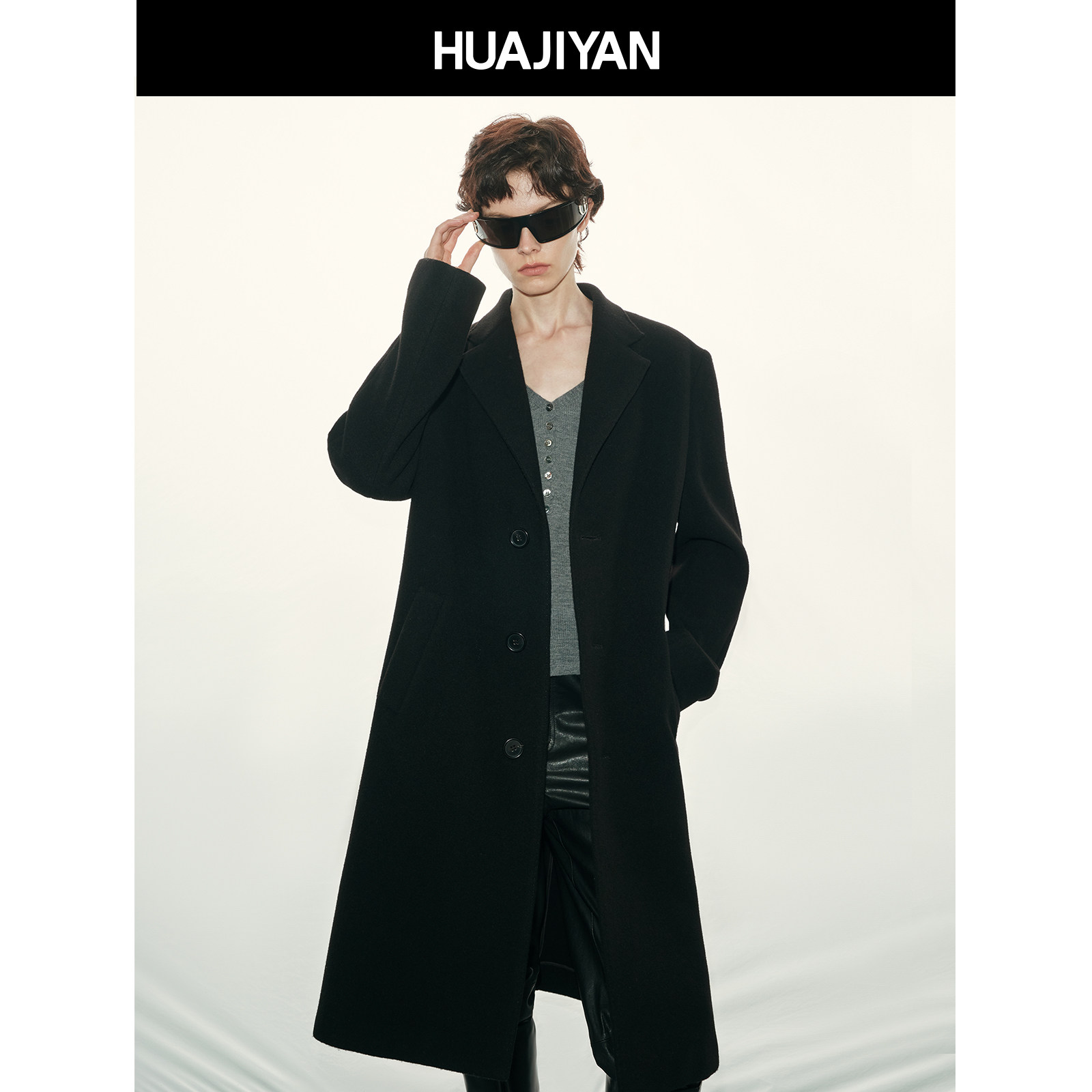 华吉言【奥本海默】100羊毛平驳领中长款双面尼外套大衣