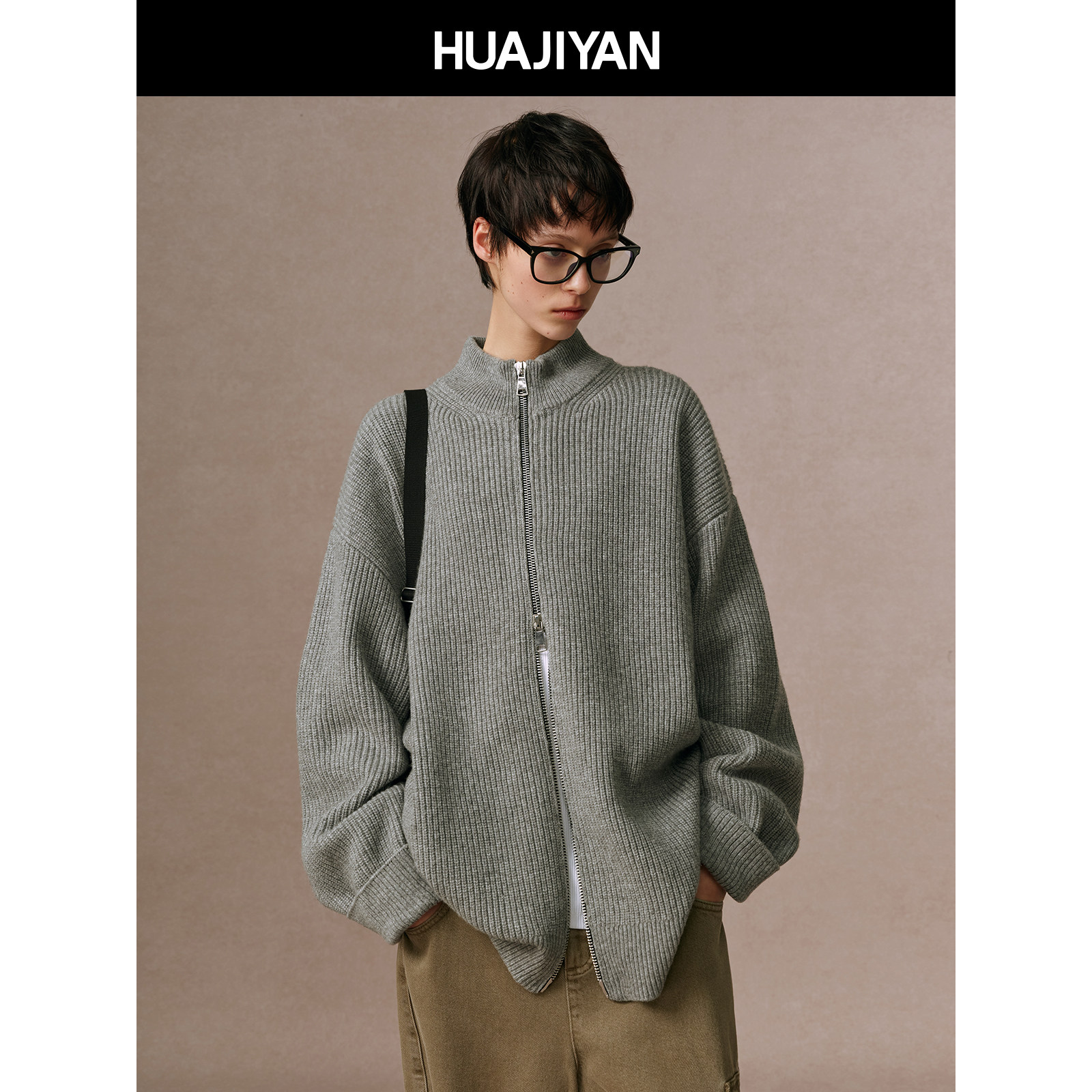 华吉言【诺丁山】100绵羊毛竖坑条半高领宽松针织开衫毛衣外套