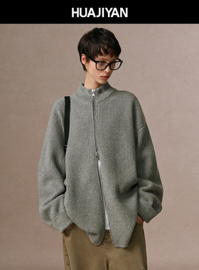 华吉言【诺丁山】100绵羊毛竖坑条半高领宽松针织开衫毛衣外套