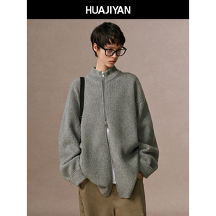 华吉言【诺丁山】100绵羊毛竖坑条半高领宽松针织开衫毛衣外套