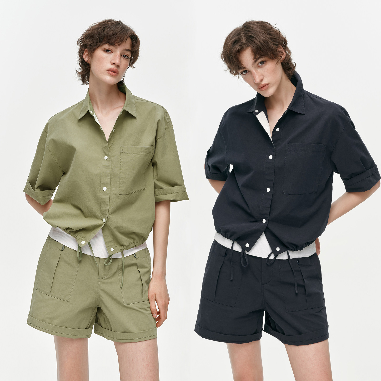 华吉言【破风】亚麻棉休闲工装套装宽松短袖衬衫松紧腰运动短裤女