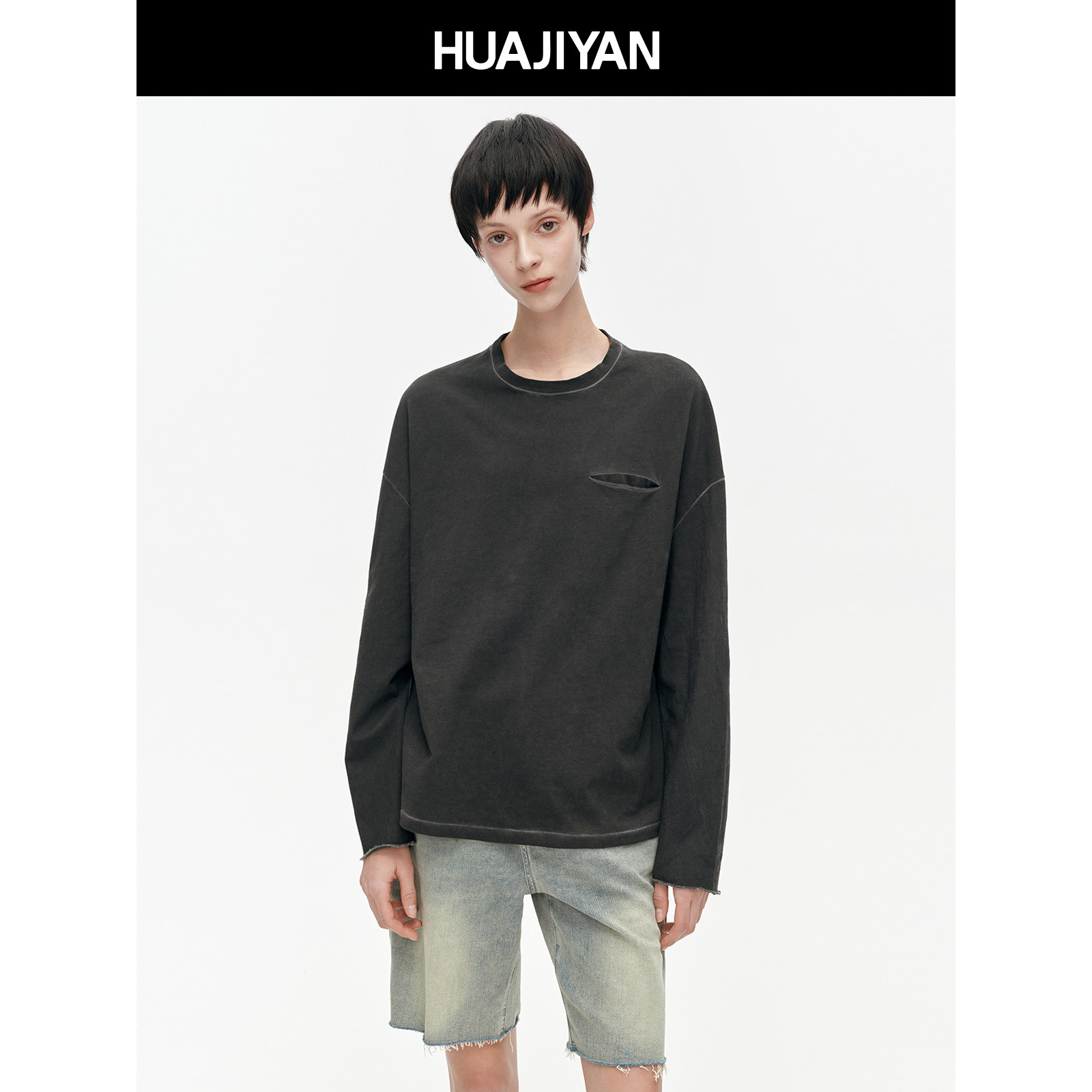 华吉言【口袋T】100棉脏染工艺圆领宽松长袖T恤女2026春季上衣