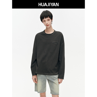 T恤女2026春季 100棉脏染工艺圆领宽松长袖 上衣 口袋T 华吉言
