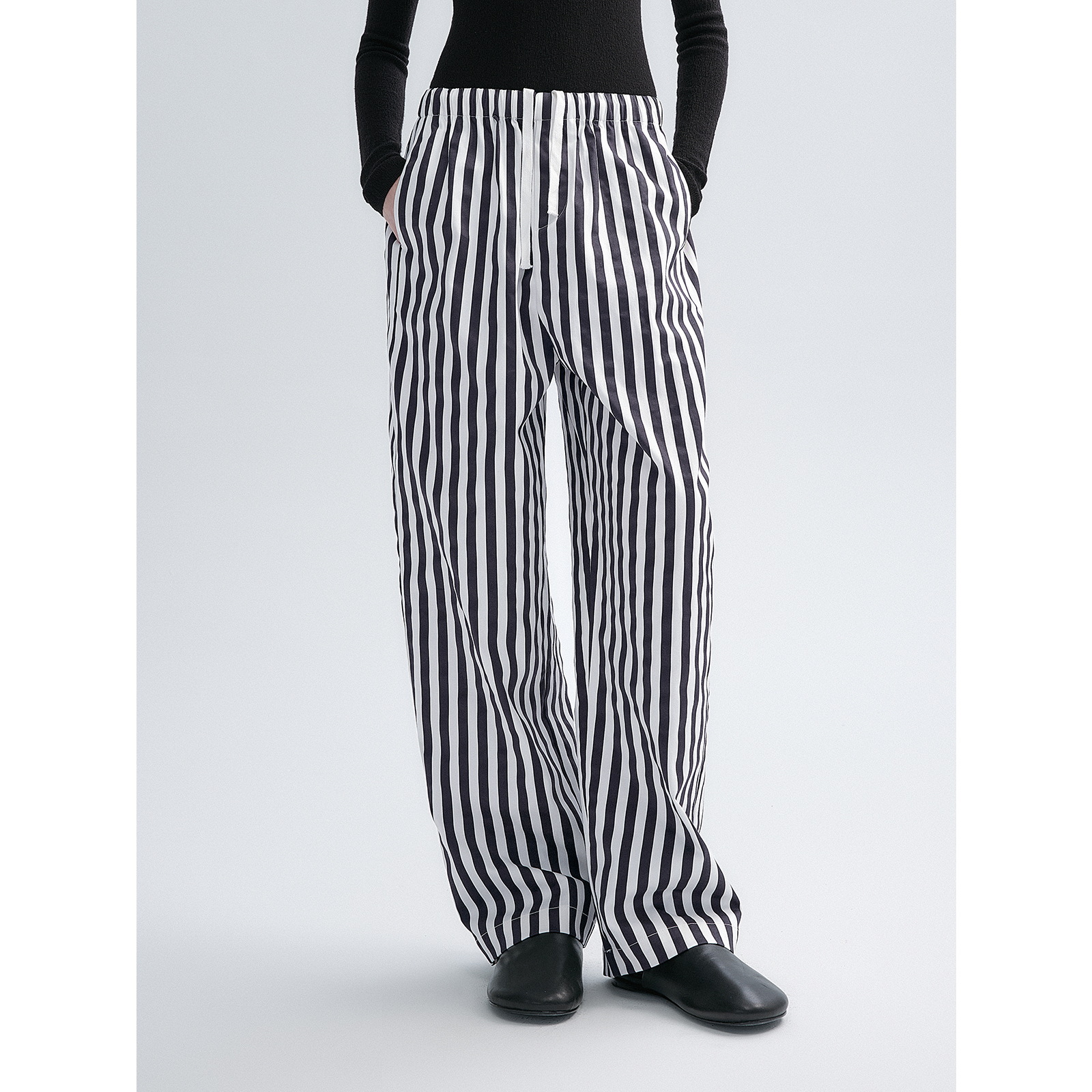 华吉言【斑马线】经典黑白条纹松紧腰阔腿休闲裤