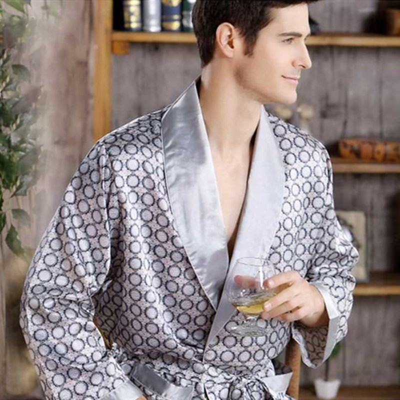 Mens Robe Nightgown Satin Kimono Bathrobe Gown Casual Sleep