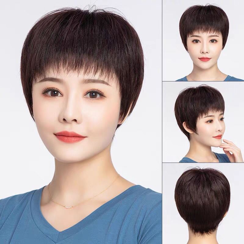 假发女短发全头套真人发丝短直发中老年女士自然妈妈全头套短真发