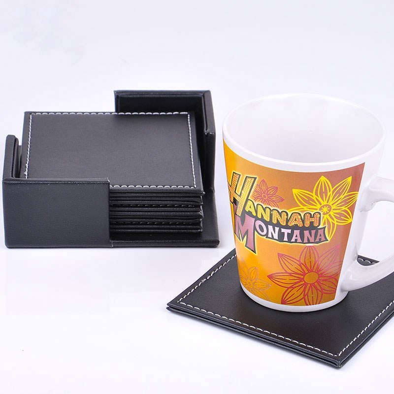 6pcs Set PU Leather Coaster Cup Mat Black Round Square Pad