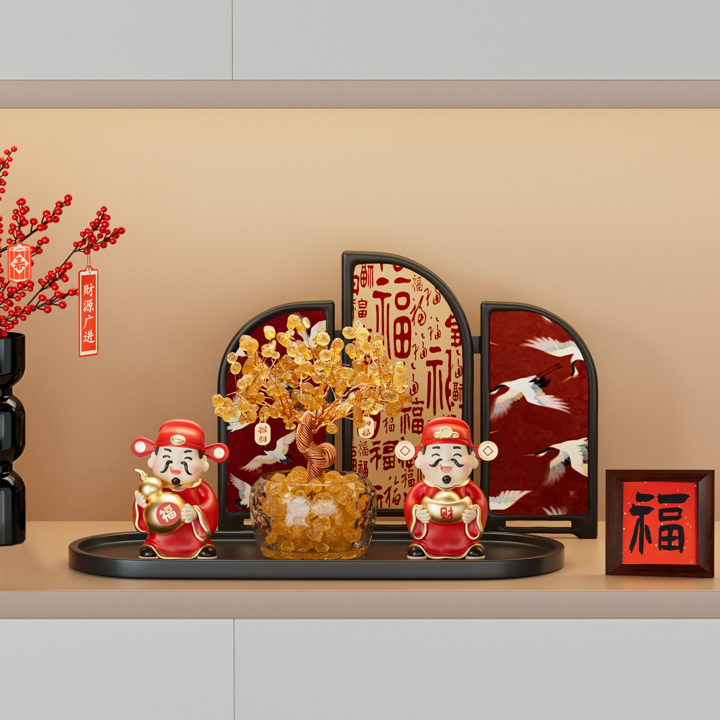 福财双至发财树五路财神爷摆件新年客厅玄关酒柜桌乔迁礼物装饰品