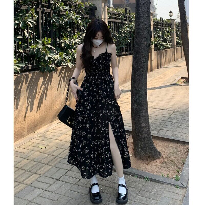 速发大欲纯码辣感碎花连衣裙夏季高级妹开叉裙子遮肚吊带裙