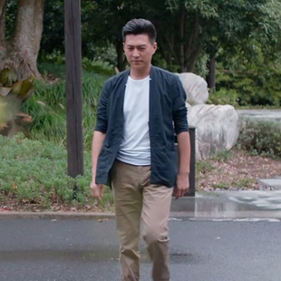 速发欢乐颂时尚都市休闲亚麻男春夏装薄款外套上衣长袖立领衬衣男