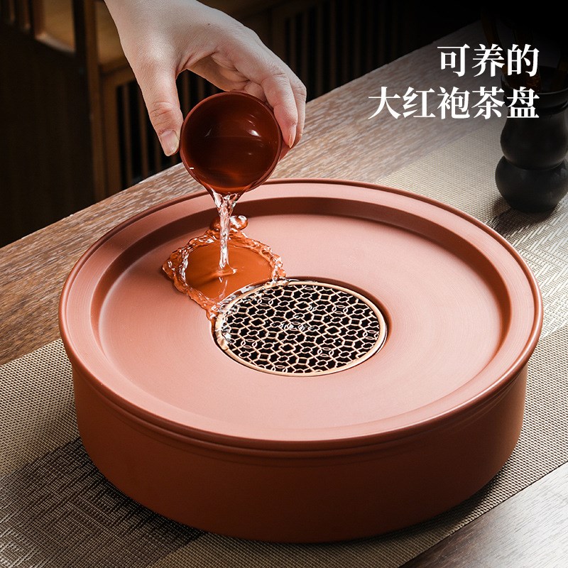 速发潮州朱泥大红古茶刀跳盘袍钱圆形紫砂功夫茶盘陶瓷茶台储水式