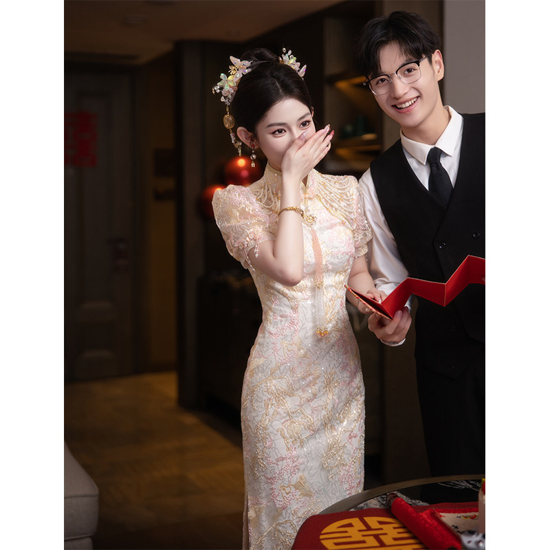 速发新中式旗袍订婚感服裙2024结款敬酒服新娘婚服高级礼回门新婚