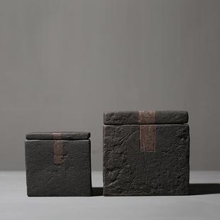 复古茶叶罐陶瓷四方密封茶罐家用高档罐子小号粗陶防潮存茶罐 中式
