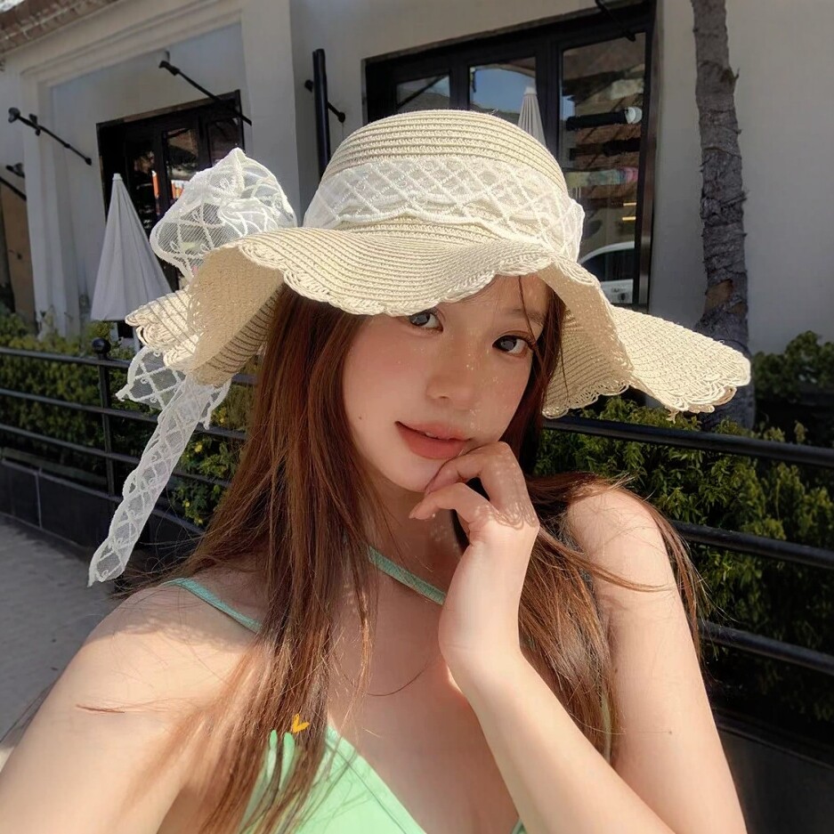草帽草帽大檐蕾丝蝴蝶女夏小清新帽子