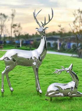 水景镜不锈钢鹿雕塑户外景观公园绿地金属动物雕塑销售办公摆件