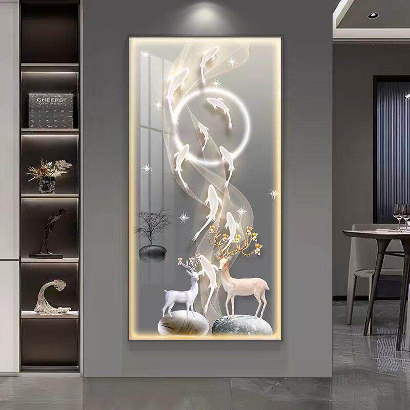 九鱼聚财图装饰画新款高端玄关壁画入户正对门带LED灯挂画