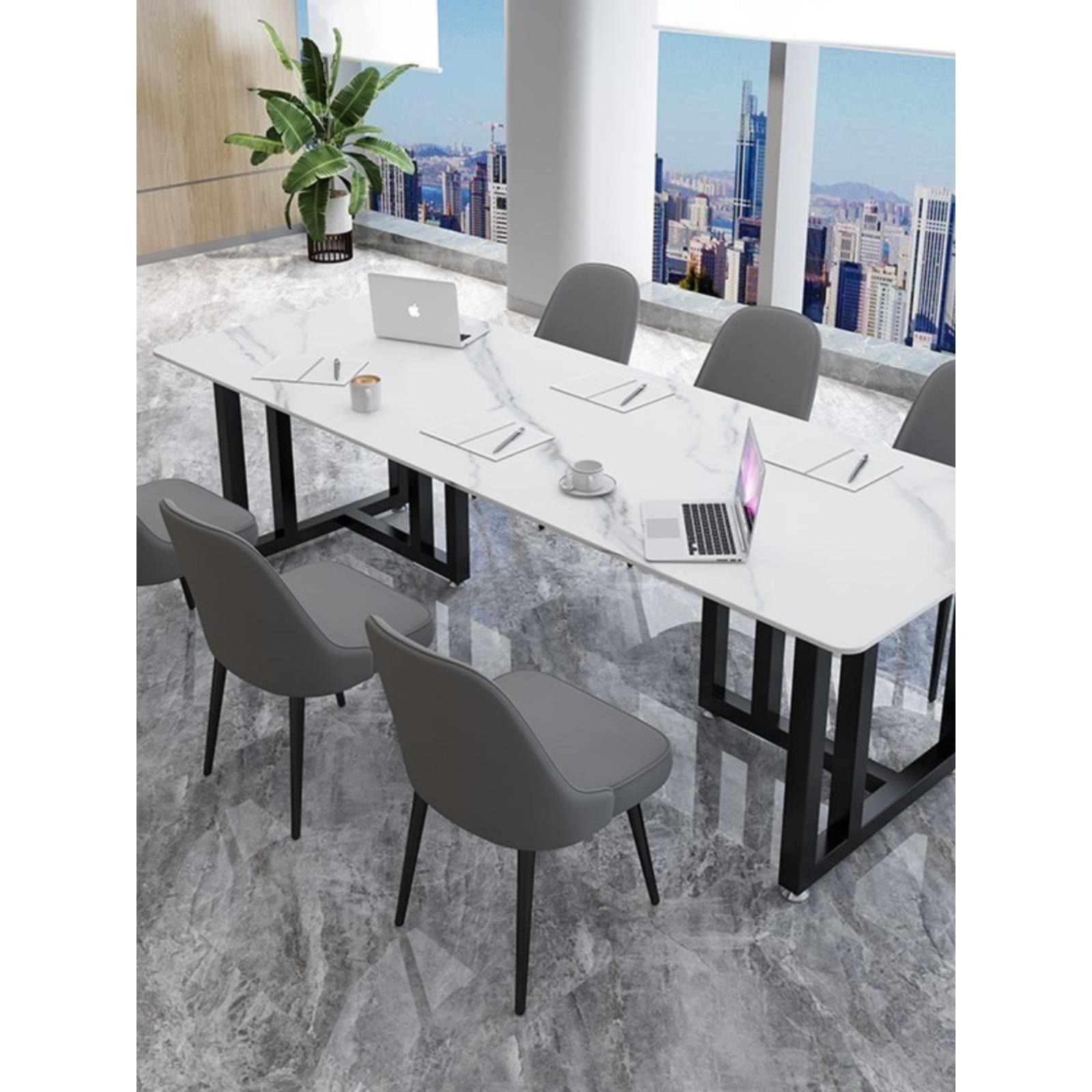 北欧轻奢极简大理石石板电脑办公现代工作台接待洽谈会议桌椅组合